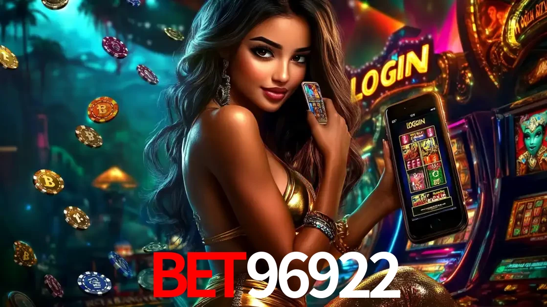 Mulher em um cenário de cassino temático de aventura, mostrando o app de caça-níqueis da BET96922 no celular. Fichas de apostas flutuam ao redor.