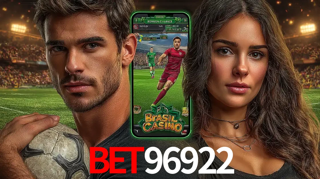 Homem segurando uma bola de futebol e uma mulher ao lado de um smartphone exibindo o jogo de apostas esportivas da BET96922. Faça seu palpite no cassino online.